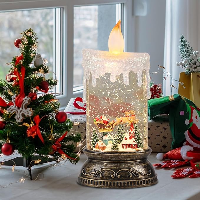 GenSwin Christmas Snow Globes with Music Timer and USB Rechargable Cable, Christmas Lantern Decorations Indoor, 1 Pcs Christmas Music Box with Santa Flying and Sleigh Reindeer for Decor