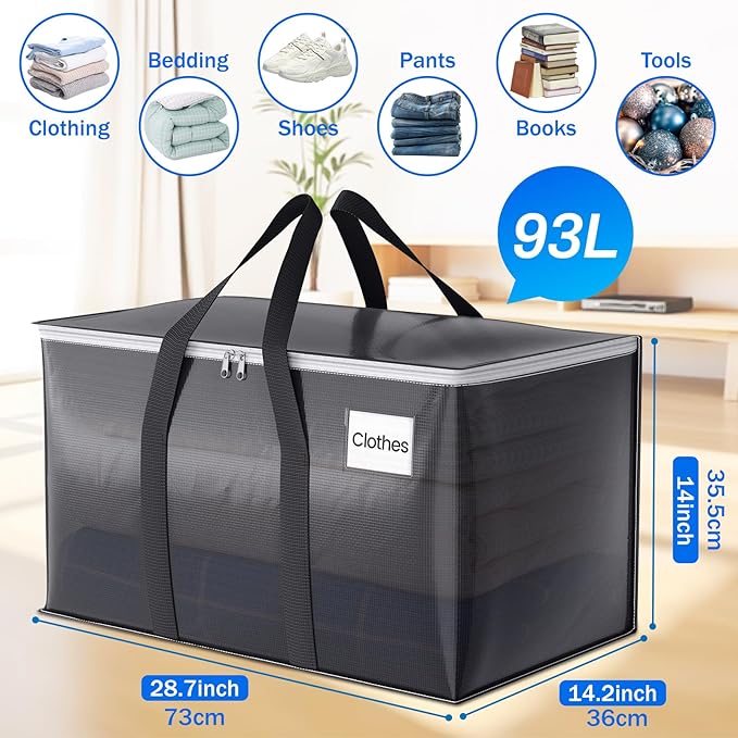 10 Pack Moving Bags Heavy Duty, Moving Boxes, Storage Bags with Zipper & Handles & Tag for College & Dorm Moving Supplies Grey Laundry Hamper Bag, Foldable Space-saving Totes (93L, Grey)