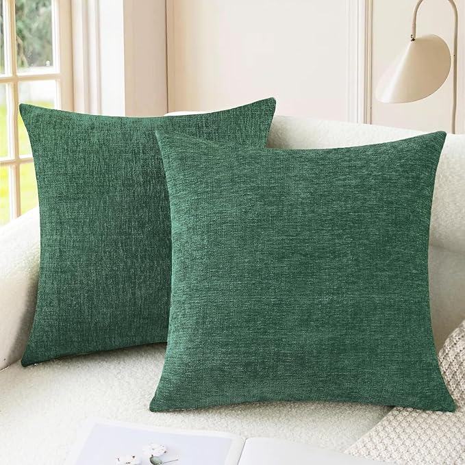 CaliTime Christmas Throw Pillow Covers Decorative 16 X 16 Inches Pack of 2 Cozy Chenille Cushion Cases for Couch Sofa Bed Living Room Home Dark Green