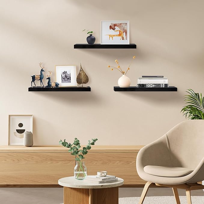 Upassion Floating Shelves for Wall Set of 3, 24" Black Wall Shelves for Home Decor, Frame Display Black Floating Shelf for Living Room, Bedroom, Bathroom, Kitchen