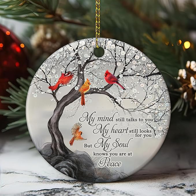 HYTURTLE My Mind Still Talks To You Cardinal Circle Ceramic Ornament - Memorial Christmas Ornament Gifts For Loss Of Loved One In Heaven - Memorial Hanging Home Decorations Ornaments - 3' Inch