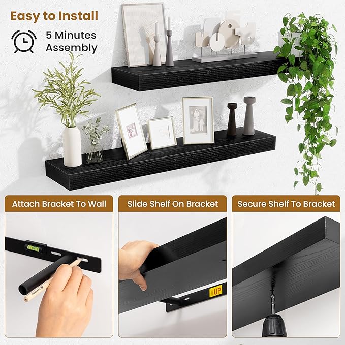 Fun Memories Floating Shelves 30 Inch, Wall Mounted Wood Shelf Set of 2, Farmhouse Decor for Bathroom, Bedroom, Kitchen, Living Room, Black