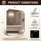 ANDY STAR 36x48 Inch Brushed Nickel Rectangle Mirror, Large Scalloped Bathrom Mirror for Wall, Rounded Notched Corner Designed, Anti-Rust Stainless Steel 1" Frame, Hangs Vertically/Horizontally