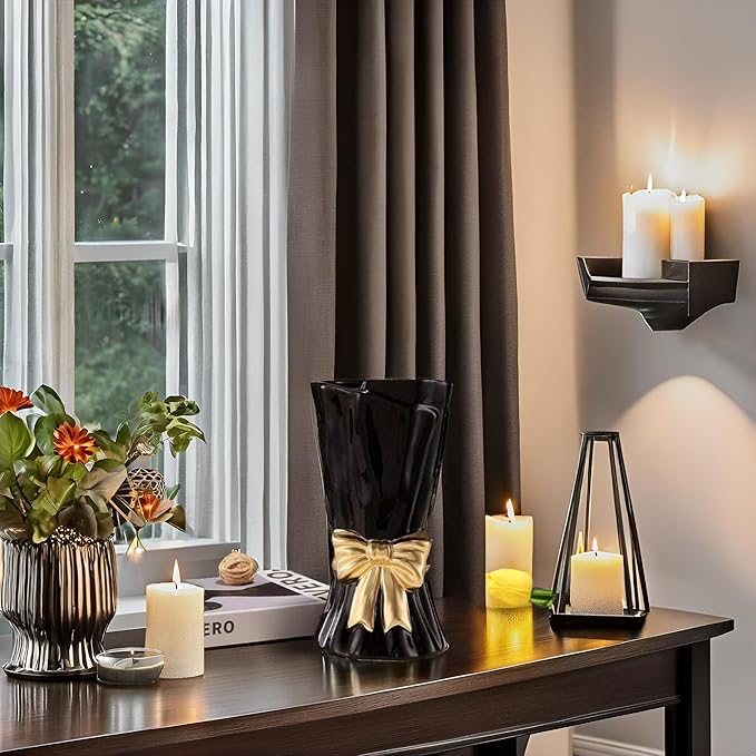Bow Vase, Black Flower Vase for Home Decor, Black Ceramic Vases for Boho Style, Bow Decor, 9.3 Inch Flower Vases for Bouquet, Ideal Shelf Decor/Table. (Large)