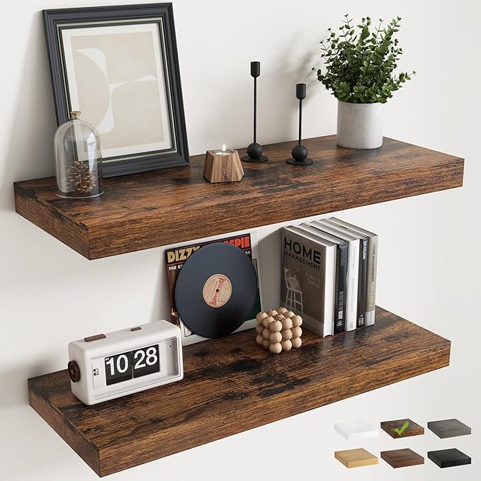 36 Inch Floating Shelves for Wall 2 Pack, 12"D Wood Grain Bathroom Shelves with Invisible Brackets, Easy Install Engineered Wood Storage Shelves for Kitchen, Living Room, Bedroom, Rustic Brown Finish