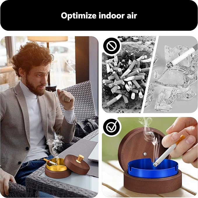 roygra Wooden Ash Tray with Lid (2 Pack), Outdoor Ashtray for Outside Patio, Smokeless Ashtrays for Cigarettes with 3 Holder, Smoking Accessories, Home Décor, Ashtrays for Smokers Indoor - Blue