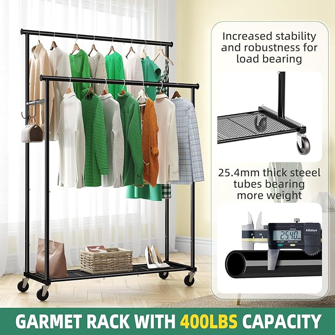 Double Rods Clothes Rack with Wheels Load 400 LBS, 45 Inch Rolling Clothing Rack for Hanging Clothes, Heavy Duty Garment Rack with Shelves, Metal Portable Closet, Black
