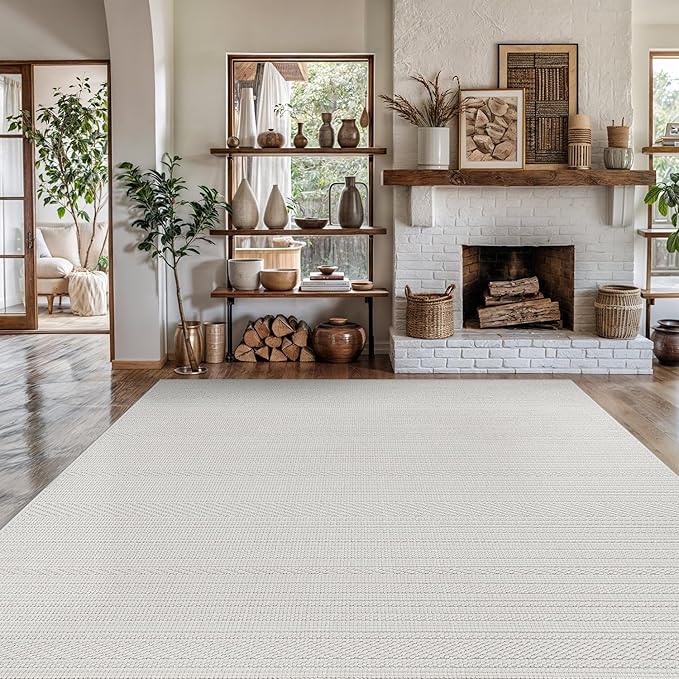 Micro Loop Indoor Rug White 5x7 Boho Geometric Neutral Area Rugs for Living Room Soft Luxury Modern Low and High Pile Durable Stain Resistant Non-Shedding Indoor Area Carpet 5 x 7