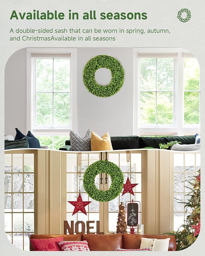DDHS 19''Boxwood Wreaths for Front Door，Artificial Spring Wreaths for Farmhouse Wedding Green Year Round Indoor Outdoor for Fall Summer Christmas Wreath Home Decorations-Green