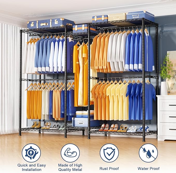 Ulif E12 Pro Clothes Rack，Heavy Duty Freestanding Garment Rack with Shelves，Metal Clothing Closet Storage System for Hanging Clothes，71" W x 16" D x 76.5" H, Hold 960 lbs，Black