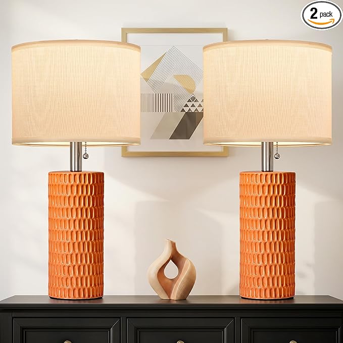 Reaketon Table Lamps for Living Room Set of 2, Ceramic Table Lamps for Bedroom, 20" Modern Lamps for Night Stands, Orange