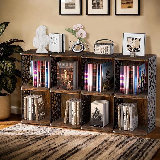1 Cube of Magazine Rack, Modern Floor Magazine Holder with Rustic Wood & Metal Design, Large Capacity Stackable Organizer for Living Room & Office & Bedroom