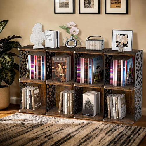 1 Cube of Magazine Rack, Modern Floor Magazine Holder with Rustic Wood & Metal Design, Large Capacity Stackable Organizer for Living Room & Office & Bedroom