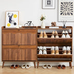 BERRYMERRY 31.5” Fluted Shoe Storage Cabinet with 2 Flip Drawers,Freestanding Narrow Shoe Organizer Cabinet with Wave Profile for Entryway,Hallway,Living Room