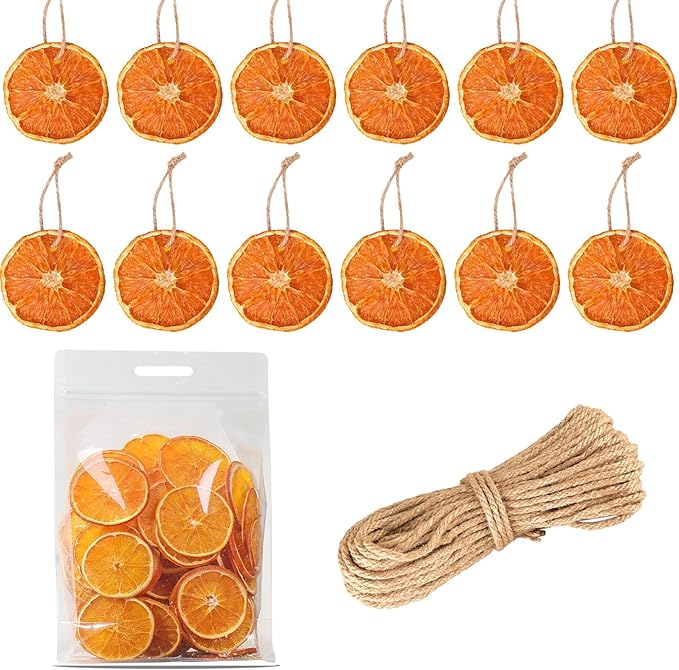 30 Pcs Dried Orange Slices, with 30Pcs Hemp Rope, Christmas Wreath Making Supplies for X-mas Tree Decoration, DIY Crafts, Present Wrapping