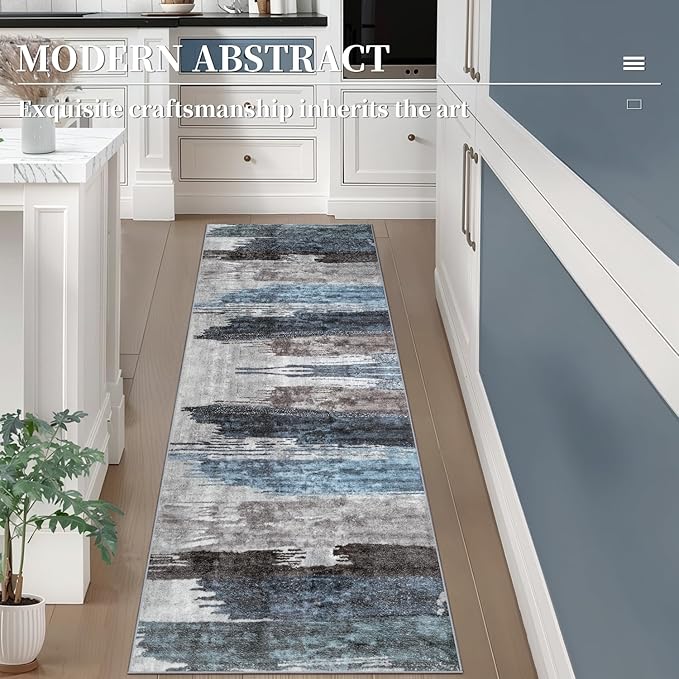 Ciicool 3x8 Washable Runner Rug, Modern Abstract Hallway Rugs Runner, Non-Slip Thin Accent Rug Lightweight Navy Grey Print Distressed Carpet for Kitchen Laundry Entryway Bedroom Indoor