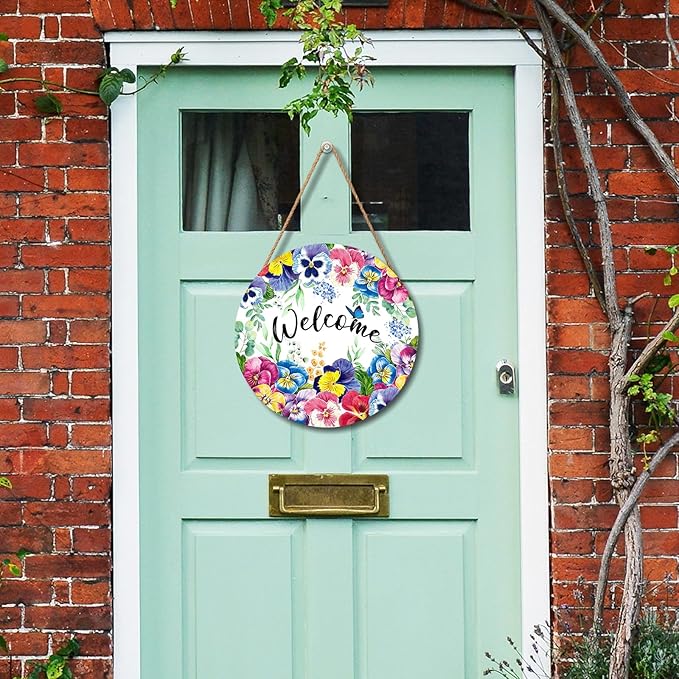 Harooni Welcome Spring Summer Floral Flowers Wreaths Sign for Front Door Decor Farmhouse Spring Wood Door Hanger Rustic Wooden Welcome Spring Hanging Door Wall Sign for Outdoor Outside Porch 12”x12”
