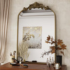 VooBang Vintage Arched Bathroom Mirror, 26x38 Inch Retro Wall Mounted Vanity Mirror with Carved Pattern Top and Metal Frame, Antique Decorative Mirror for Hanging or Leaning