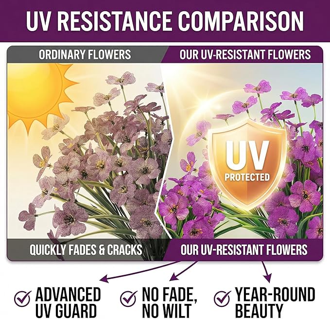 MACTING Artificial Flowers for Outdoors Fake Spring Flowers UV Resistant No Fade Plastic Faux Flowers for Hanging Planters Garden Patio Porch Window Home Indoor Outside Summer Decorations (Purple)