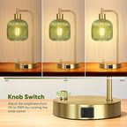 QiMH Industrial Table Lamp for Bedroom Set of 2, Green Glass Beside Lamp with USB A&C Ports, Stepless Dimmable Gold Lamps, Nightstand Lamps for Living Room, Office, Home Decor(Bulb Included)