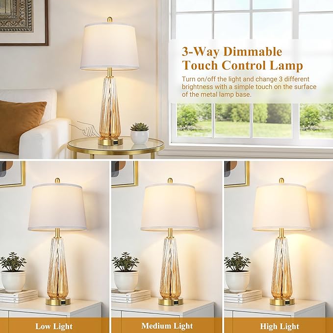 Glass Table Lamps Set of 2, Modern Bedside Lamps for Bedrooms with 3-Way Dimmable Touch Control Nightstand Lamp with White Lampshade USB A+C Ports, 27.5" Large Lamps for Living Room Decor, Champagne