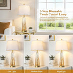 Glass Table Lamps Set of 2, Modern Bedside Lamps for Bedrooms with 3-Way Dimmable Touch Control Nightstand Lamp with White Lampshade USB A+C Ports, 27.5" Large Lamps for Living Room Decor, Champagne