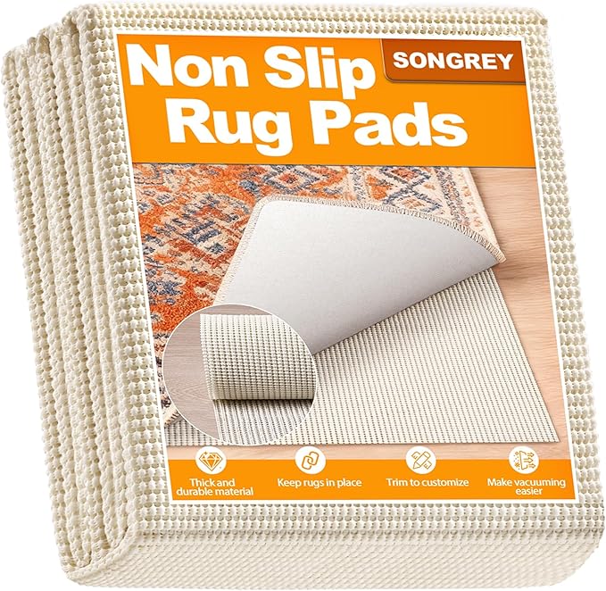 Songrey Non-Slip Rug Pad 2x10 FT, Extra Thick Carpet Pads for Hard Surfaces, Prevents Sliding and Secures Rugs, Provides Floor Protection with Comfort Cushioning