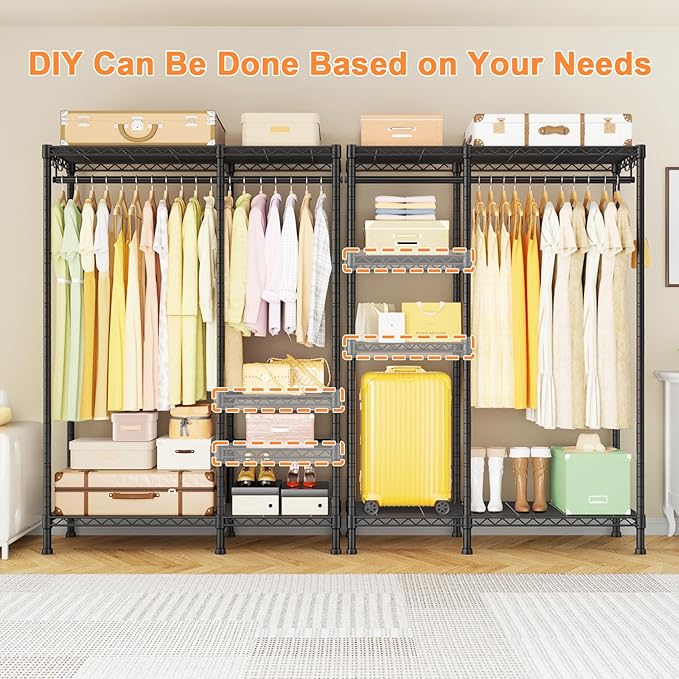 Ulif F4 Heavy Duty Clothes Rack (With Hanger Rod) Freestanding Clothing Racks for Hanging Clothes，Adjustable Closet Organizer System, Portable Garment Rack 45"W x 15.8"D x 71.3"H,Max Load 600LBS,Black