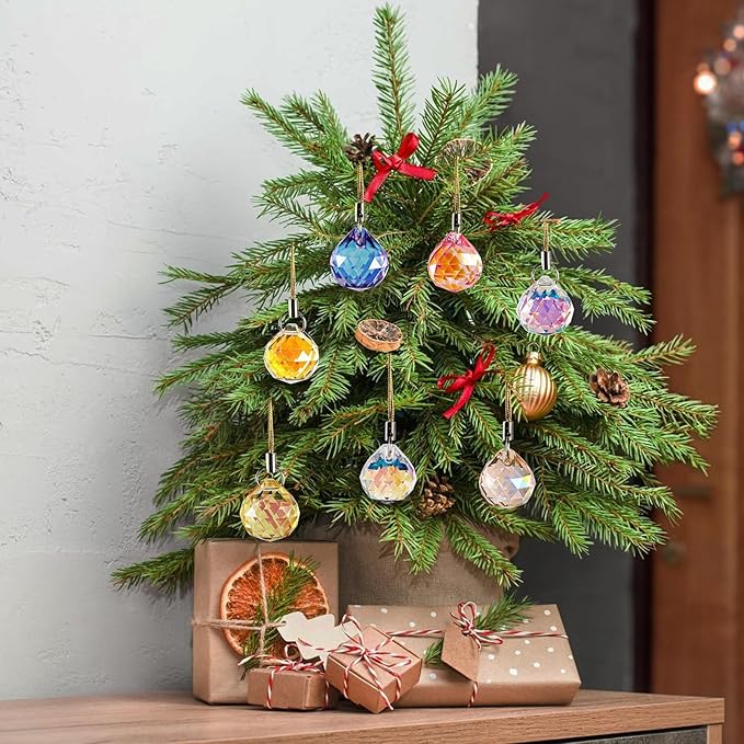 Crystal Suncatcher Ornaments Christmas Tree Decorations, 12PCS Xmas Iridescent Crystal Ball Prism, Mini Round Ball Drop Hanging Ornament for Xmas Tree Suncatcher Chandelier Wedding Party Home Decor