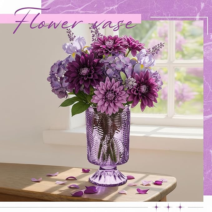 6 Pcs (H:7" W:4") Embossed Flower Vase Pedestal Glass Vase Big Base Thickened Crystal Vintage Vases for Valentines Day Wedding Home Decor Table Centerpiece House Warming Gifts(Purple)