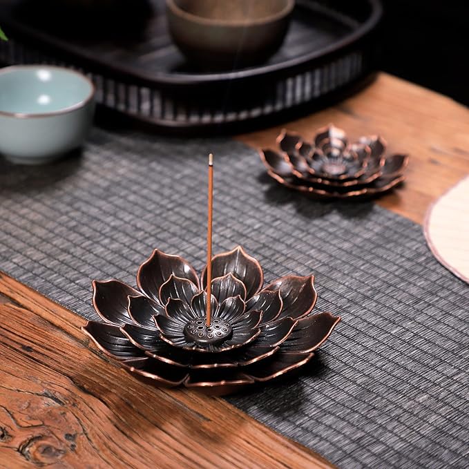 GARMOLY Large Incense Holder for Sticks Anti-Ash Spilling, Brass Lotus Incense Stick Holder and Detachable Ash Catcher