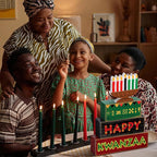 Yuntau 4 Pcs Happy Kwanzaa Table Decorations Kwanzaa Tiered Tray Decor Rustic African Candlestick Wood Block Tabletop Sign Gift Centerpiece Farmhouse Table Decor for Home Office Party Supplies