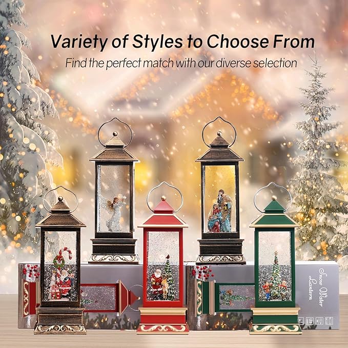 12" Christmas Snow Globe Lantern with Santa Claus - Water Glittering LED Light Lantern with Music - Vintage Xmas Angle Gift - USB Plug or Battery Operated Home Decor