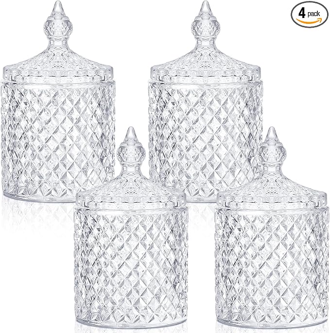 Aoriher 4 Pcs Crystal Glass Candy Jar Set with Lids Home Decorative Storage Jars for Apothecary, Bathroom, Kitchen, and Pantry, Ideal for Cotton Swabs and Jewelry(Medium,Clear)