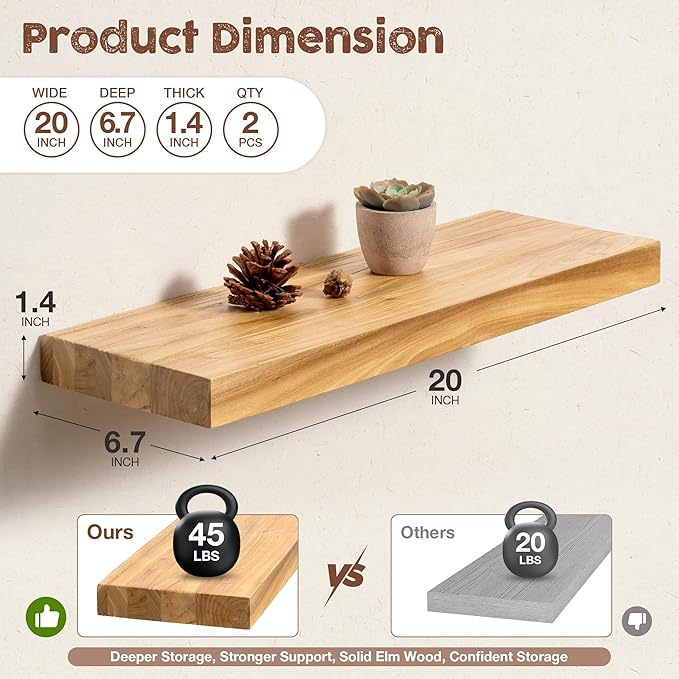 fuqing Floating Shelves for Wall, 20 inch Rustic Solid Elm Wood Floating Shelves, Wooden Wall Shelves with Invisible Heavy Duty Brackets for Living Room, Bedroom, Kitchen, Bathroom, 2 Pack, Natural