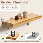 fuqing Floating Shelves for Wall, 20 inch Rustic Solid Elm Wood Floating Shelves, Wooden Wall Shelves with Invisible Heavy Duty Brackets for Living Room, Bedroom, Kitchen, Bathroom, 2 Pack, Natural