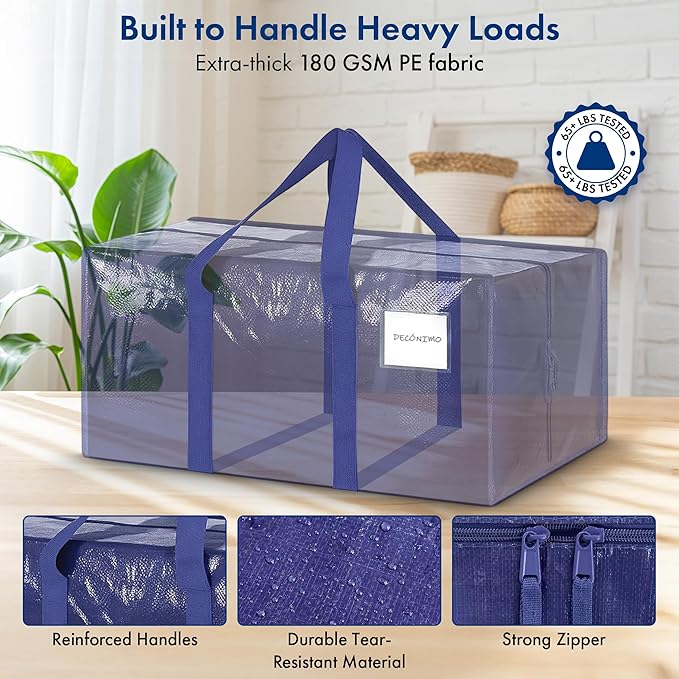 6 Pack Extra Heavy Duty Large Moving Bags with Strong Zipper & Comfortable Handles - Sturdy & Durable Clothes Storage Bags Totes Bins - Large Storage Totes for Dorm, Space Saving - (Dark Blue)