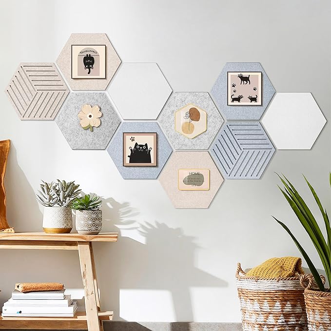 10PCS Hexagon Cork Board Tiles Alternative - 12x10 Inch Frameless Felt Bulletin Board for Wall, Adhesive Cork Board Tiles for Office & Home Decor, Sound Absorbing Pin Boards for Walls & Photos