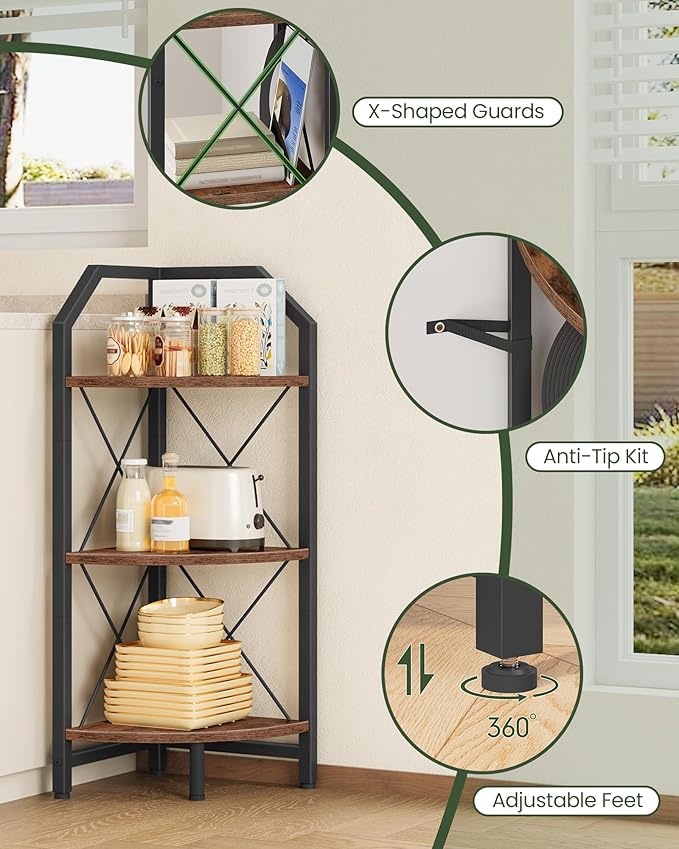 CHOEZON 3-Tier Corner Shelf, Industrial Corner Bookshelf, 35.4" Storage Stand, Plant Stand Display Shelf, Bookcase for Bedroom, Living Room, Home Office, Rustic Brown and Black TCJ03BF
