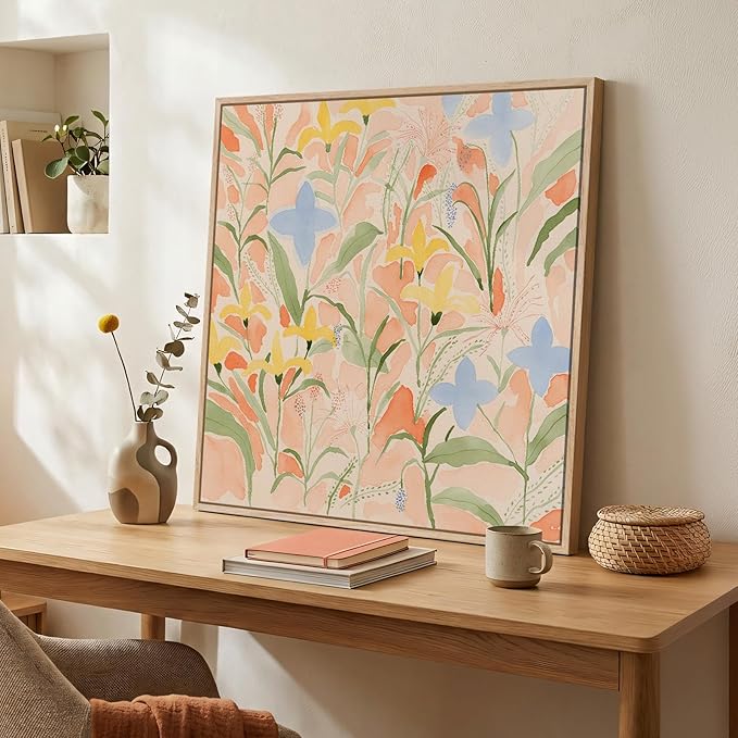 Framed Square Boho Abstract Floral Wall Art for Living room, Neutral Flower Watercolor Painting Print Canvas Artwork for Walls, Pastel Bohemian Botanical Wall Decor for Bedroom Home Office, 24x24 Inch