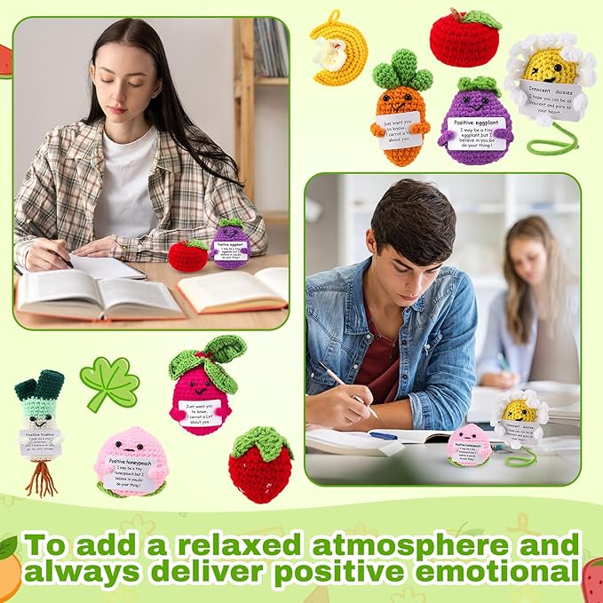 VioraWhite 18 Pcs Mixed Positive Animal Emotional Dolls Bulk Encouragement Emotional Knitted Crochet Gifts with Positive Words for Friends Coworker Decorations for Home Office