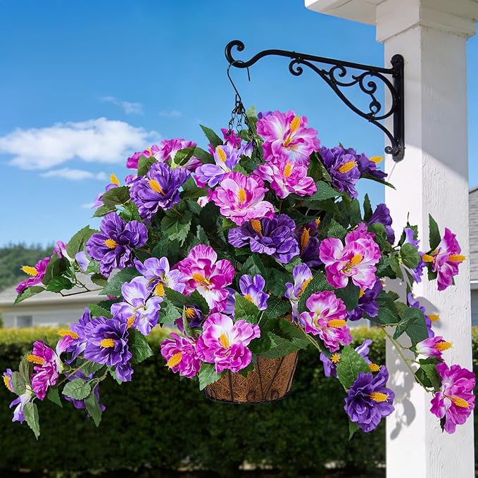 Artificial Flowers for Outdoors Indoors,3 Bunches Fake Hibiscus with Hanging Basket Realistic UV Resistant Silk Flower Leaves,Faux Plant for Outside Home Patio Garden Poch(Purple,Fuchsia)