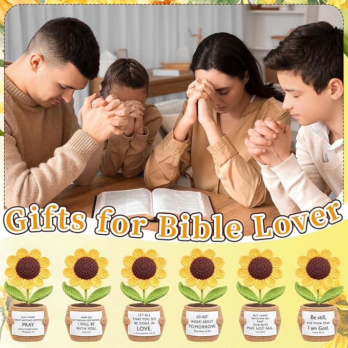 Wavwavw 6 Pcs Christian Gift for Women Inspirational Religious Gifts Positive Faith Scripture Crochet Handmade Bible Verse Crochet Doll with Prayer Card for Vbs Church(Sunflowe)