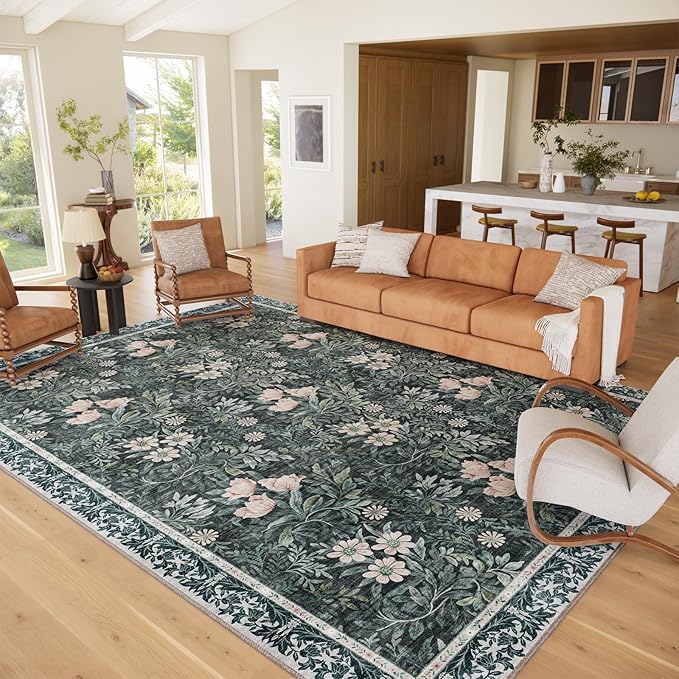 Washable 9x12 Area Rug - Light Green Vintage Floral with Ornate Border, Soft Low Pile Carpet for Living Room, Dining Room Under Table, Bedroom Non-Slip, Stain Resistant & Durable