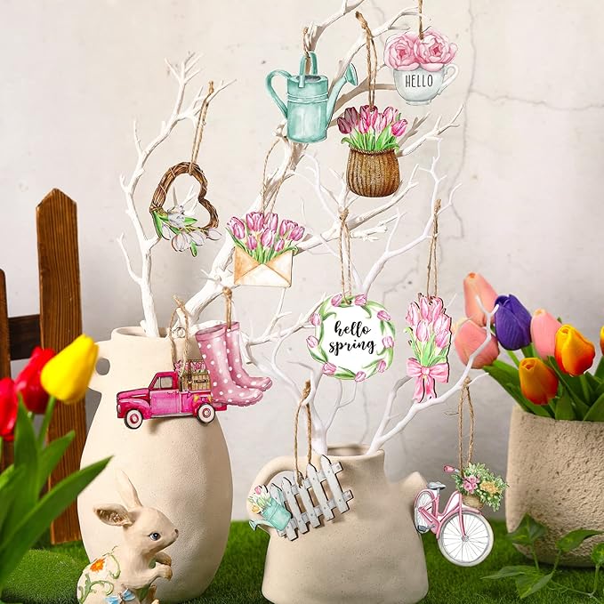 Maitys 36 Pcs Spring Flower Wooden Ornaments Sunflower Tulip Easter Tree Decoration Floral Gnome Hanging Wood Cutout Pastel Spring Decor for Home Small Tree Party(Sweet)