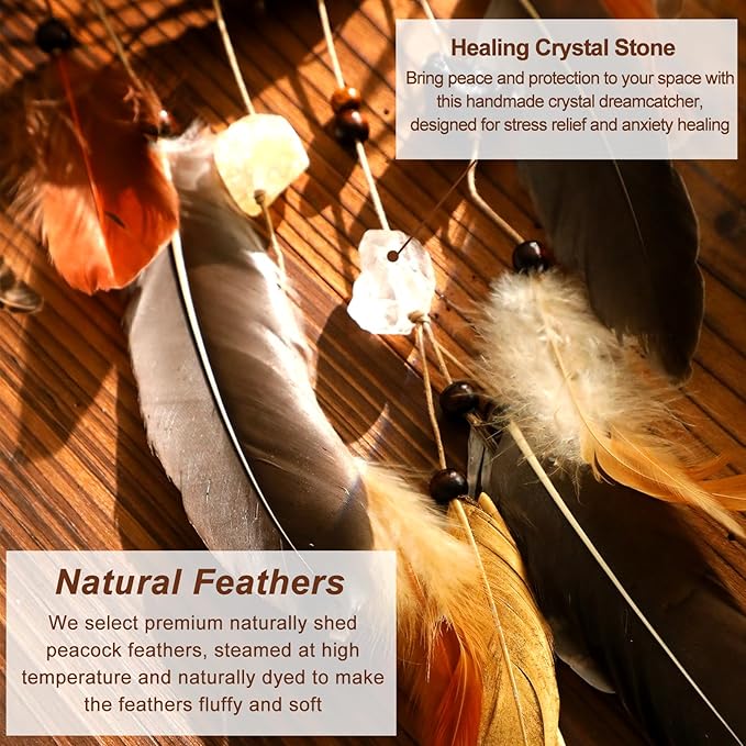Dream Catcher Native American Boho Dreamcatcher Rattan Wall Decor, Handmade Natural Healing Crystal Stones Feathers Hanging Ornament Indian Decor for Bedroom Living Room