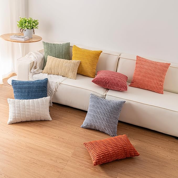Aegero Pack of 2 Corduroy Decorative Throw Pillow Covers 20x20 InchSoft Boho Striped Pillow Covers Modern Farmhouse Home Decor for Sofa Living Room Couch Bed（Beige）