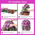 Artificial Flowers with Hanging Basket, Outdoor Faux Plants Silk Morning Glory Vines, Fake Green Arrangement for Garden Patio Spring Summer Decor(Darkorchid)