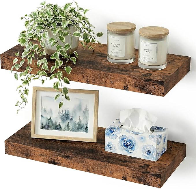 Vivelove Bathroom Floating Shelves for Wall 16 inchs Long, Display Shelves with Invisible Brackets for Living Room, Bedroom, Kitchen, Shelves Over Toilet Farmhouse Home Decor - Set of 2, Rustic Brown