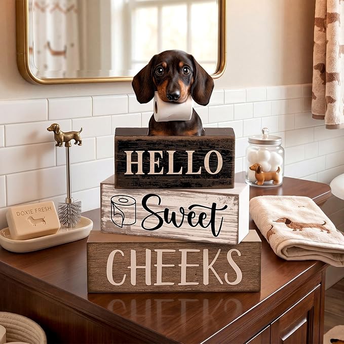 Moucuny 4 Pcs Dachshund Bathroom Decor Set Funny Toilet Wooden Tiered Tray Decor Farmhouse Dachshund Centerpiece Rustic Bathroom Shelf Decoration Hello Sweet Cheeks Decoration for Home Office